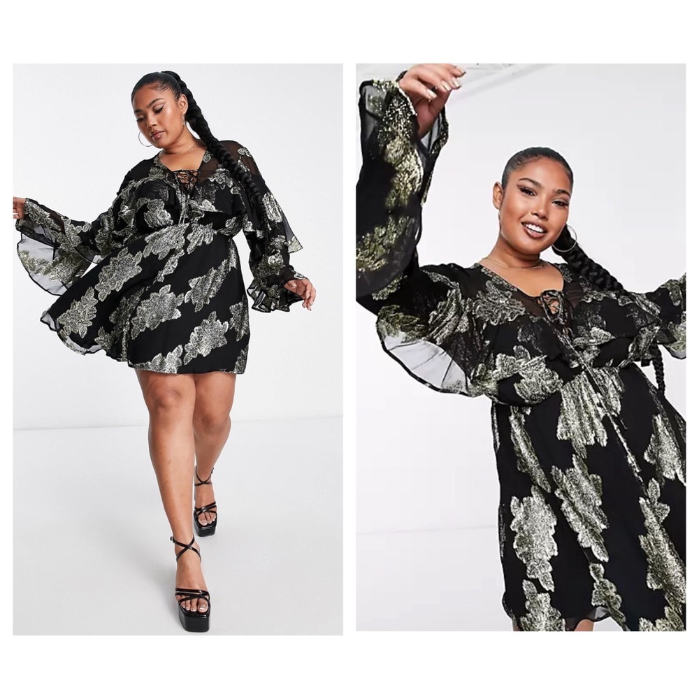 ASOS DESIGN Curve Metallic Frill Mini Dress With Lace Up  Neck In Black Pattern